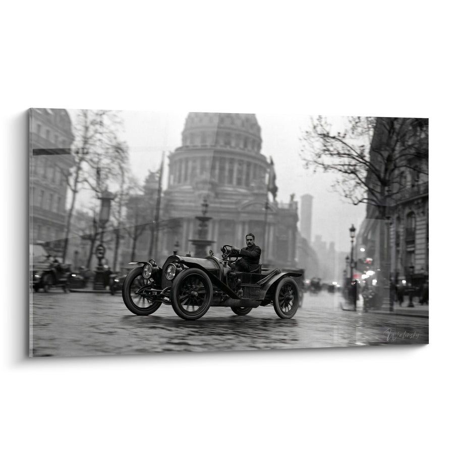 Tableau Automobile ancienne noir et blanc devant une coupole - Traversée du siècle passé - Edition Vintage