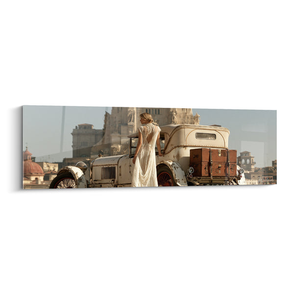 Tableau Automobile ancienne crème et robe blanche - Départ en douceur - Edition Vintage