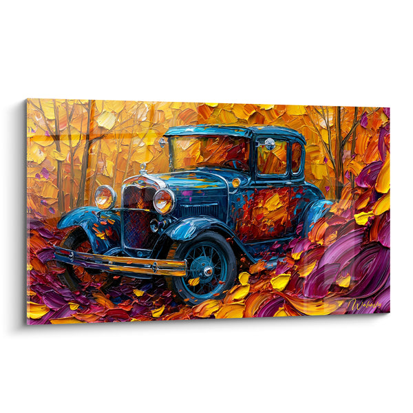 Tableau Automobile bleue et dorée sous feuillage - Halte automnale - Edition Vintage