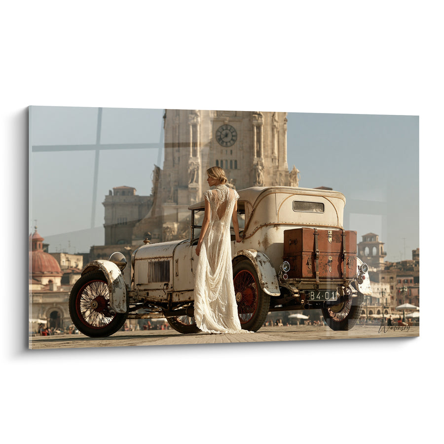 Tableau Automobile ivoire et malle en cuir - Départ sur la place - Edition Vintage