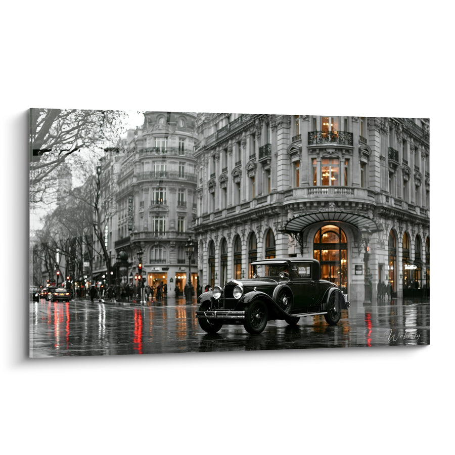 Tableau Automobile ancienne noire et grise sous la pluie - Nuit pluvieuse parisienne - Edition Vintage