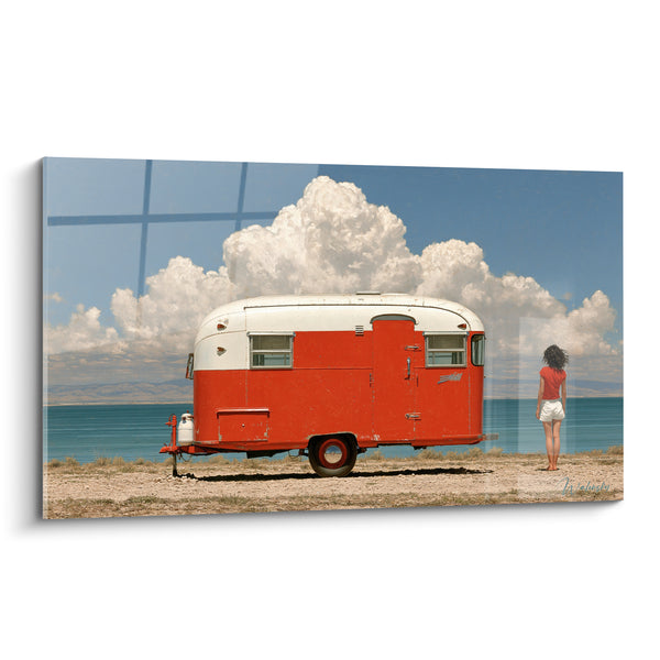 Tableau Caravane rouge et blanche face à l'océan - Halte au bord de l'eau - Edition Vintage