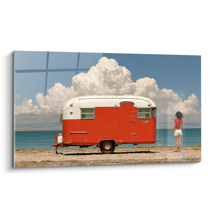 Tableau Caravane rouge et blanche face à l'océan - Halte au bord de l'eau - Edition Vintage
