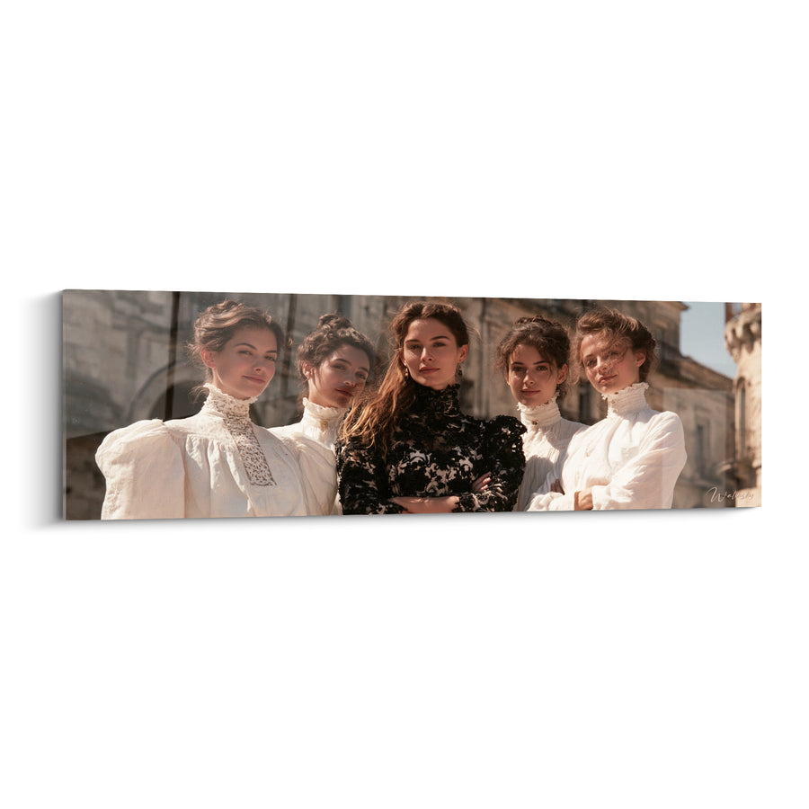 Tableau Cinq jeunes femmes robes blanches et noire - Fraternité d'un autre temps - Edition Vintage