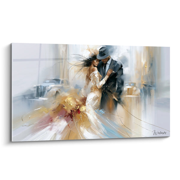 Tableau Couple élégant blanc et anthracite en danse - Étreinte romanesque - Edition Vintage