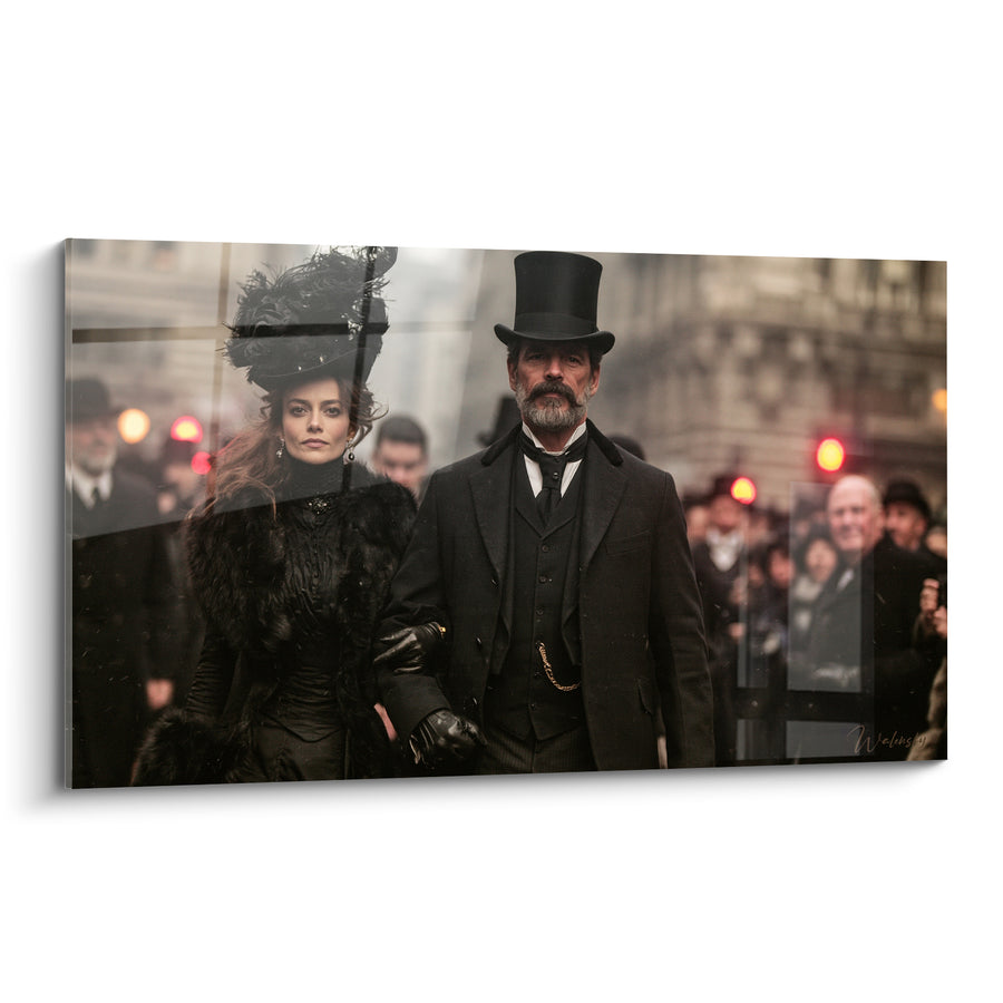 Tableau Couple élégant noir et brun sur avenue - Traversée dans la brume - Edition Vintage