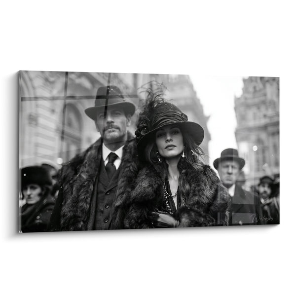 Tableau Couple élégant manteaux fourrure noir et blanc - Élégance d'une autre époque - Edition Vintage