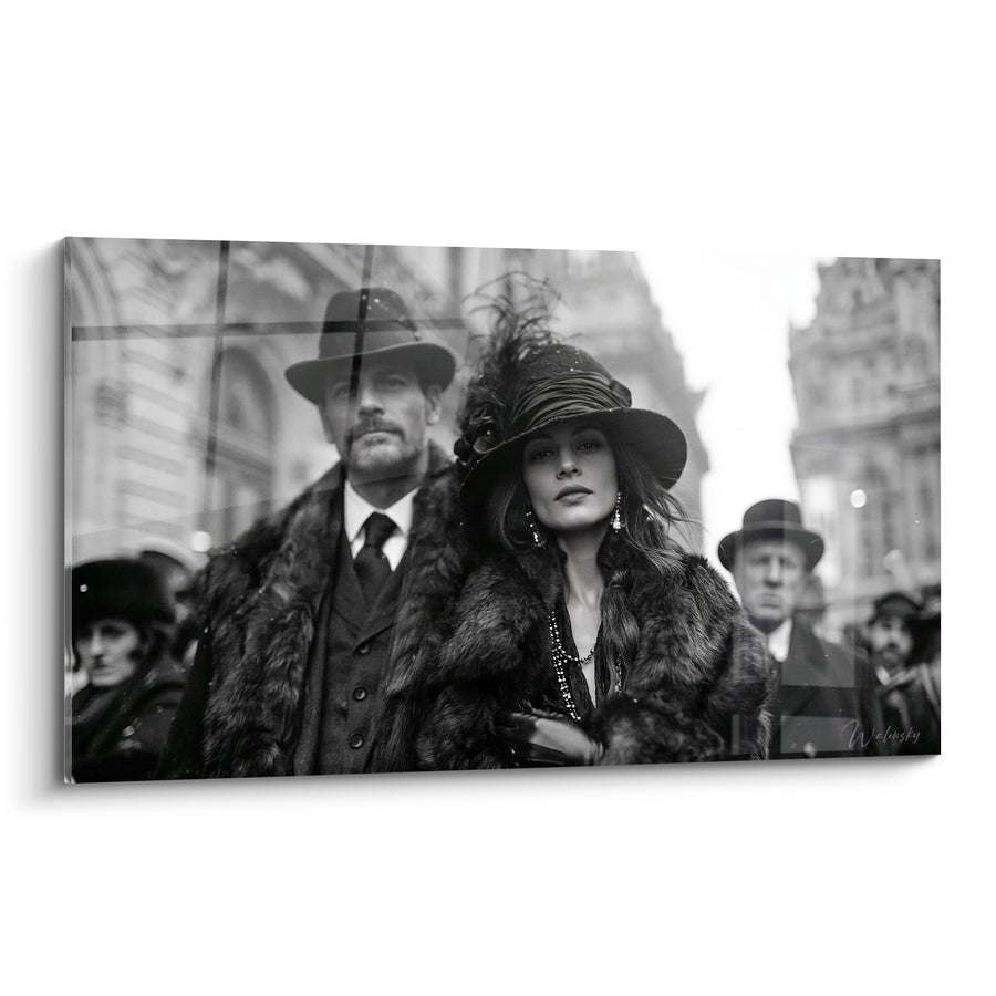 Tableau Couple élégant manteaux fourrure noir et blanc - Élégance d'une autre époque - Edition Vintage