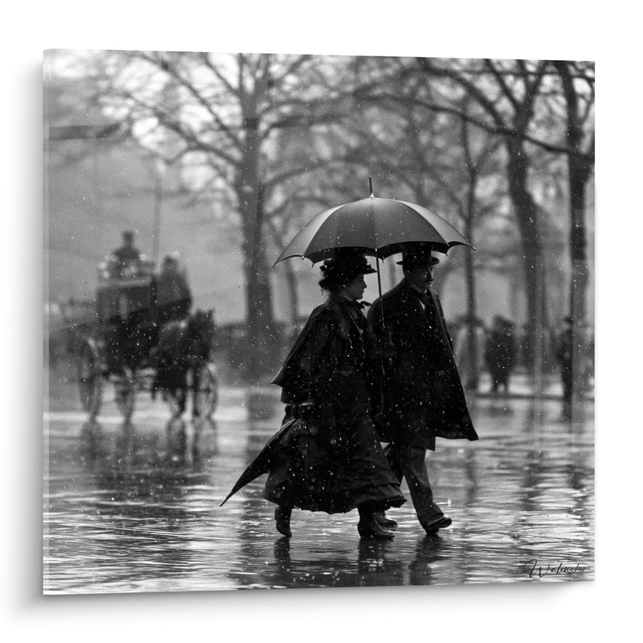Tableau Couple sous parapluie noir et blanc - Promenade sous l'averse - Edition Vintage