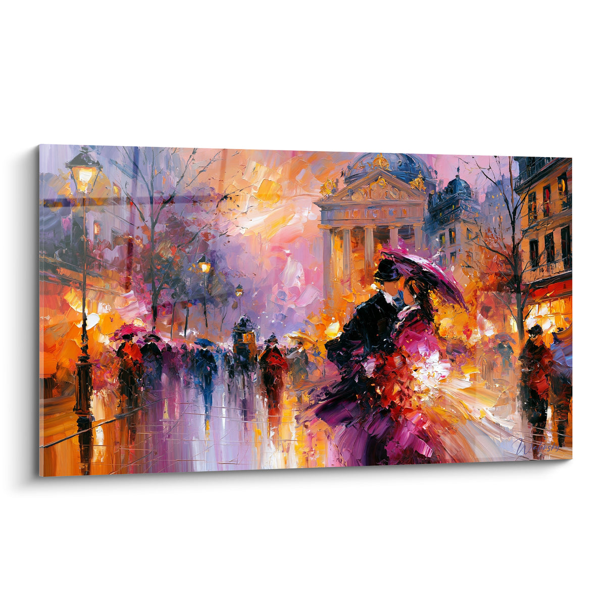 Couple enlacé sous parapluie violet, tableau boulevard parisien doré et pourpre au crépuscule