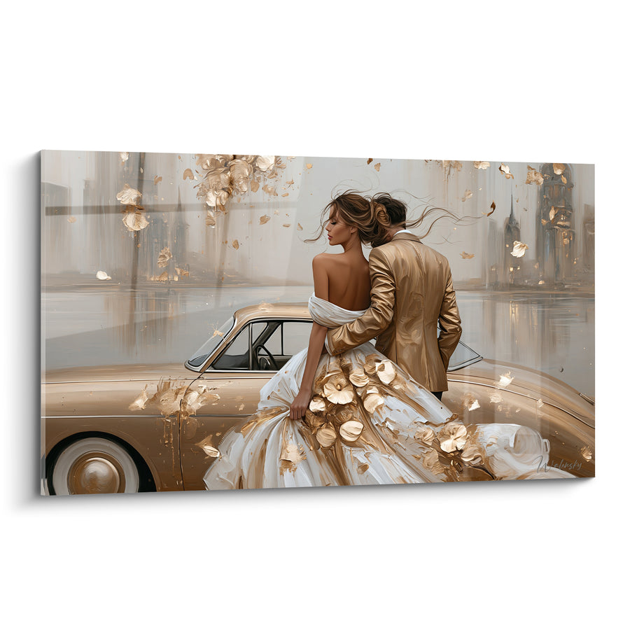 Tableau Couple élégant robe blanche et voiture dorée - Envol nuptial - Edition Vintage