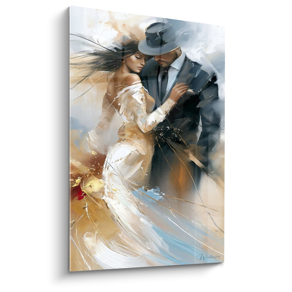 Danseurs de tango en robe blanche et costume anthracite, touches dorées et bleu pastel, peinture expressive.