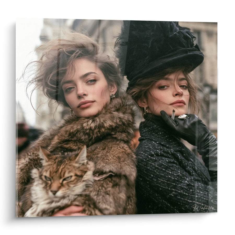 Tableau Femmes élégantes manteau fourrure et chapeau plumes - Allure parisienne - Edition Vintage