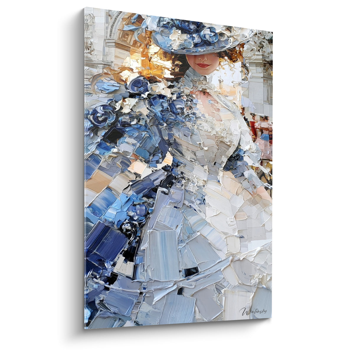 Élégante en robe bleu marine et blanc cassé, chapeau fleuri, empâtements sculptés au couteau