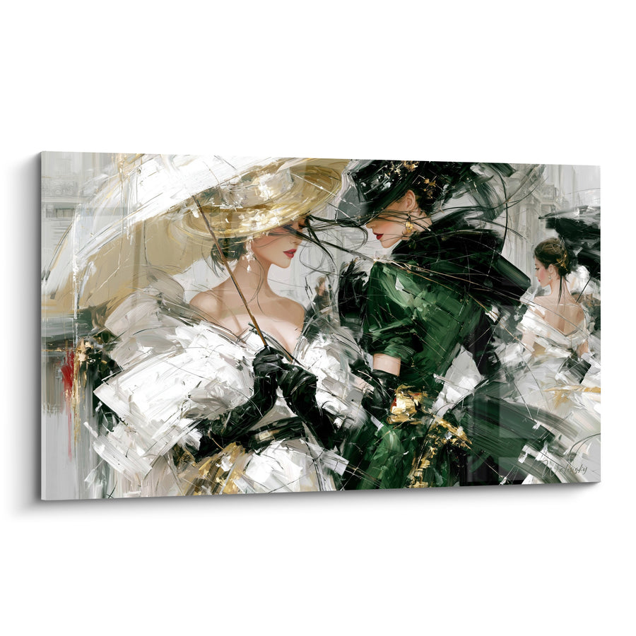 Tableau Élégantes blanc et vert ombrelle - Rendez-vous mondain - Edition Vintage