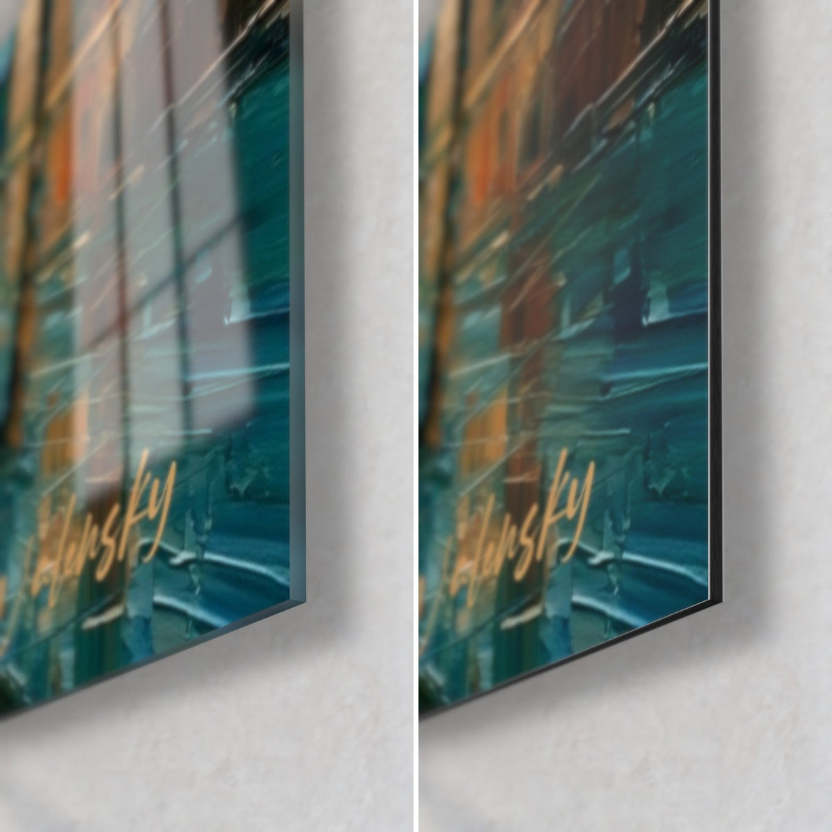 Gemälde regnerische Pariser Straße, untere rechte Ecke in glänzendem Acrylglas und matt schwarzem Dibond, blaue und ockerfarbene Spiegelungen, 3 mm Stärke