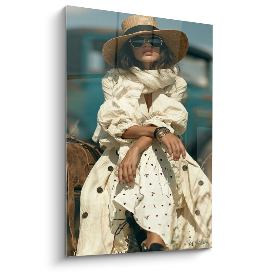 Tableau Femme au chapeau beige et robe crème - Voyageuse au long cours - Edition Vintage