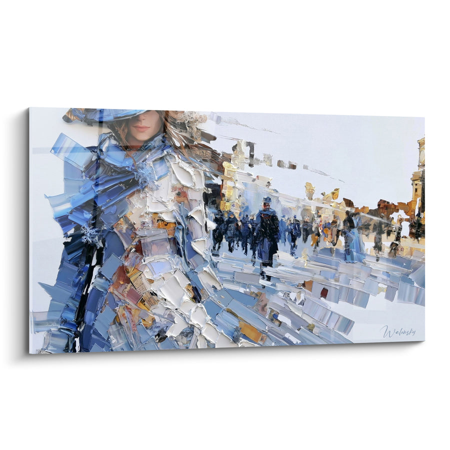Tableau Femme élégante en bleu et blanc - Silhouette sur le boulevard - Edition Vintage