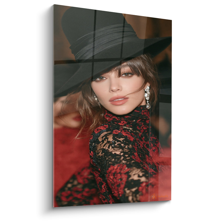 Tableau Femme au chapeau noir et dentelle rouge - Regard sous le voile - Edition Vintage