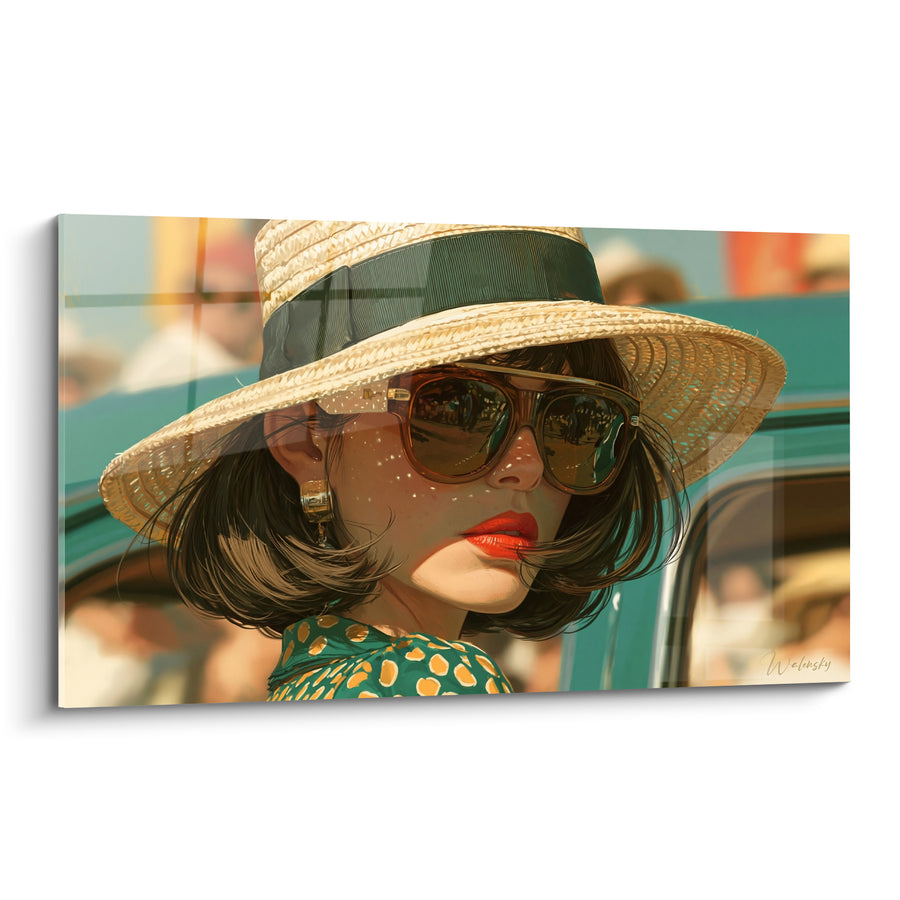 Tableau Femme au chapeau paille et lèvres rouges - Escapade estivale - Edition Vintage
