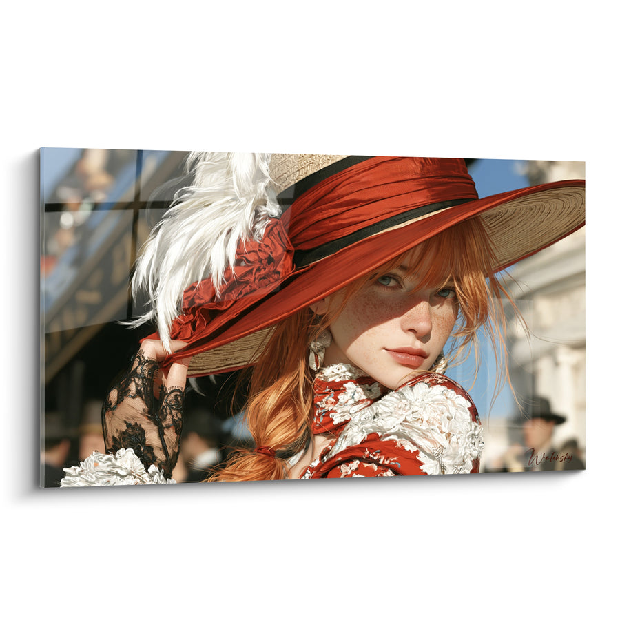Tableau Chapeau écarlate et blanc plumes lâches - Gantelet de dentelle noire - Edition Vintage