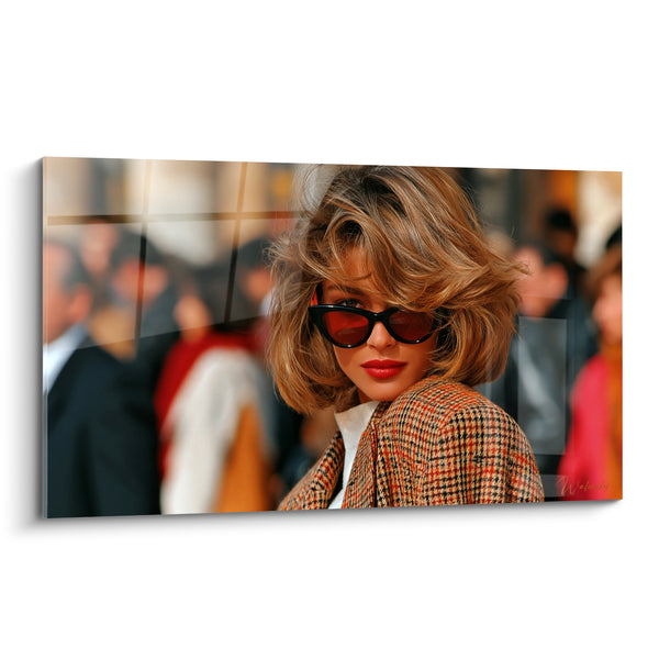 Painting Woman with Red Glasses and Tweed Jacket - Glance on the Sidewalk - Vintage Edition
