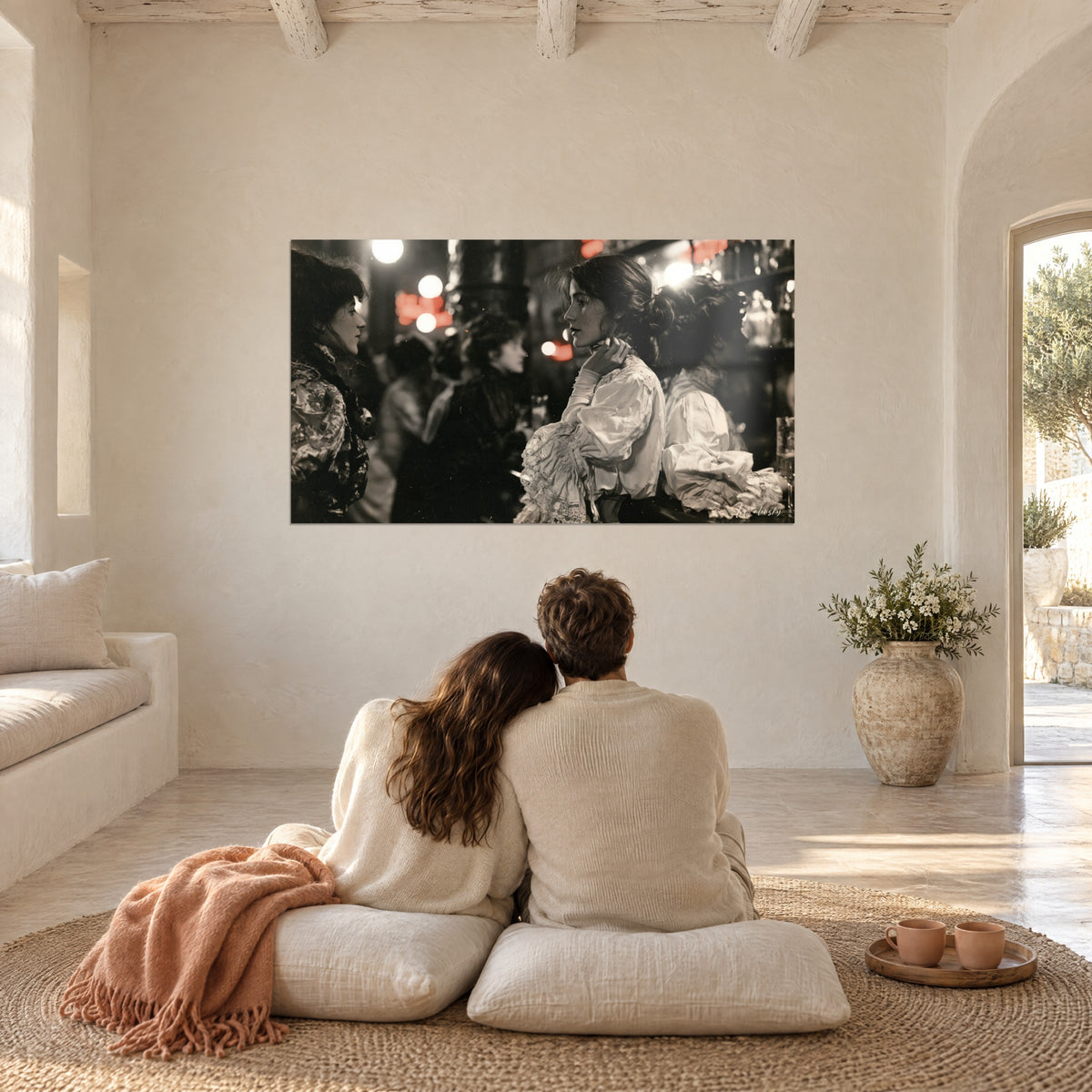 Wall art female silhouette in a white shirt with lace sleeves, glowing lights, black and white in sepia, in a Mediterranean living room