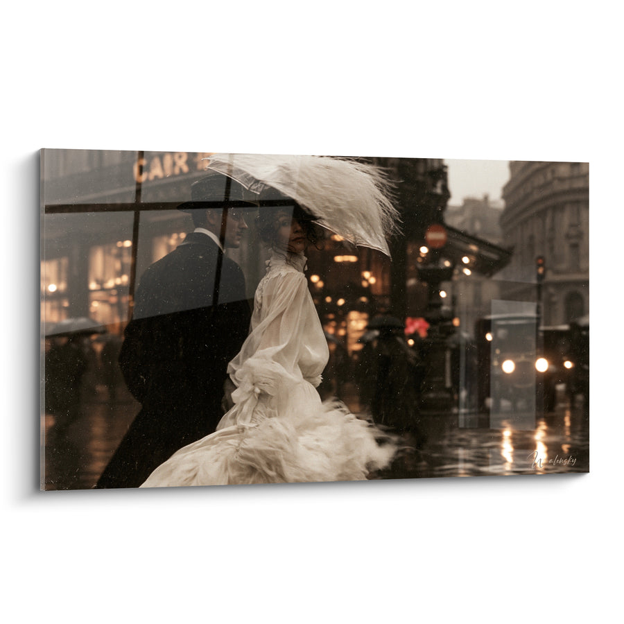 Tableau Femme robe blanche parapluie plumeux - Traversée sous la pluie - Edition Vintage