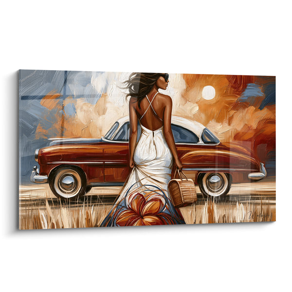 Tableau Femme robe blanche voiture ancienne - Échappée solitaire - Edition Vintage