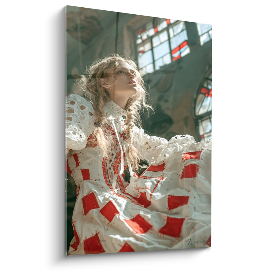 Tableau Jeune femme robe blanche et rouge - Rêverie oubliée - Edition Vintage
