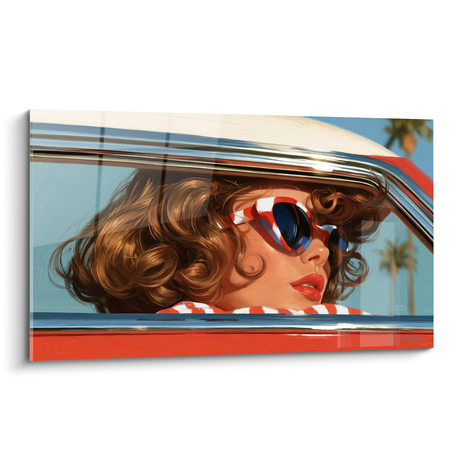 Tableau Femme rousse en cabriolet rouge et blanc - Balade sous le soleil - Edition Vintage