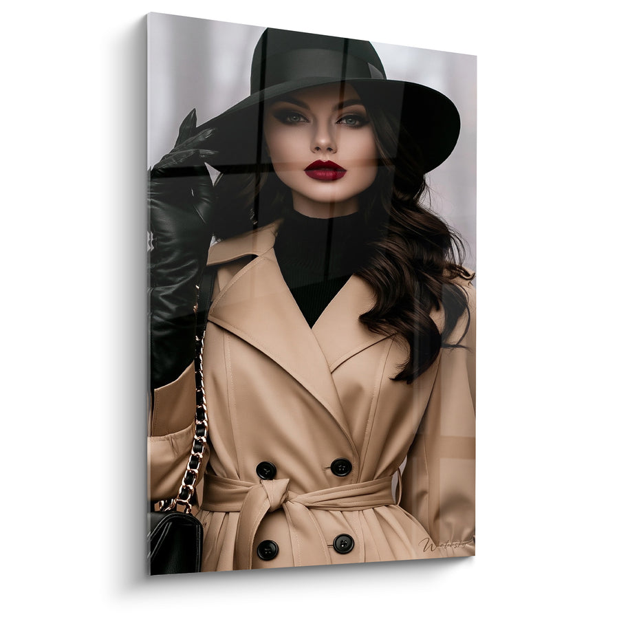 Tableau Femme au trench-coat beige et chapeau noir - Silhouette mystérieuse - Edition Vintage