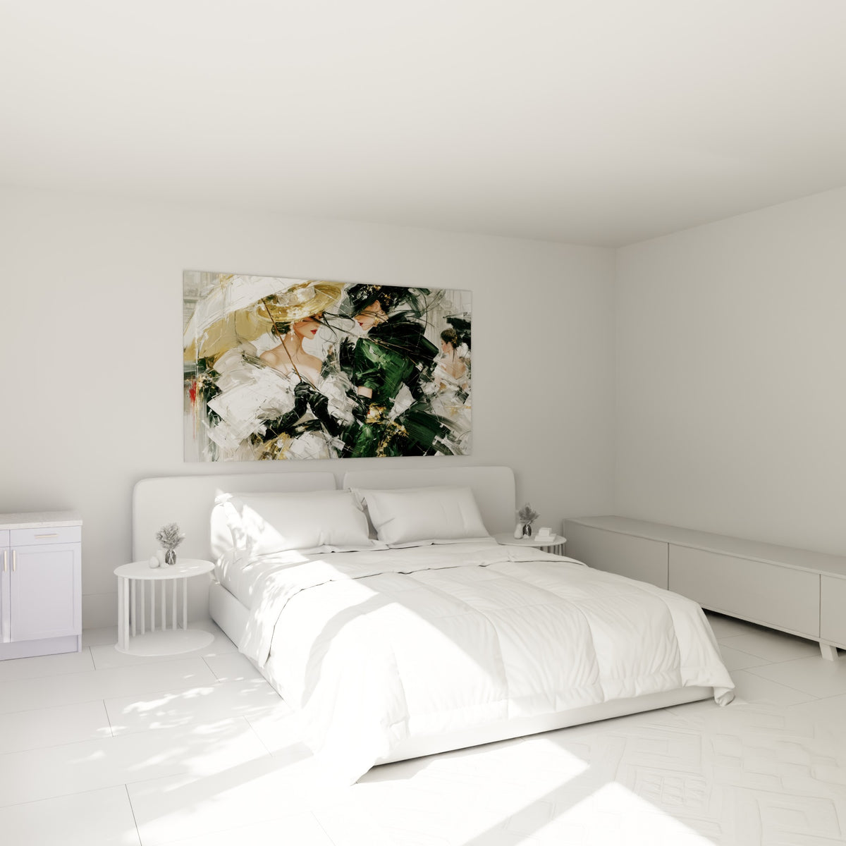 Silhouettes en blanc et vert bouteille aux gants noirs, accrochées au-dessus d'un lit dans une chambre claire