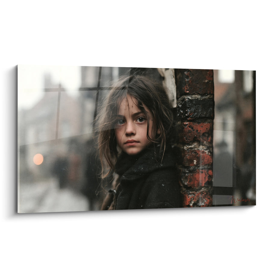 Tableau Fillette brune manteau anthracite mur brique - Attente silencieuse - Edition Vintage