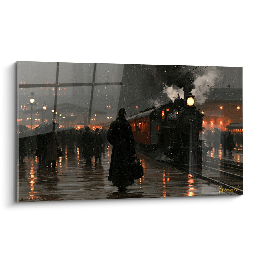 Tableau Gare anthracite et lumières ambrées sous la pluie - Adieu sous la pluie - Edition Vintage