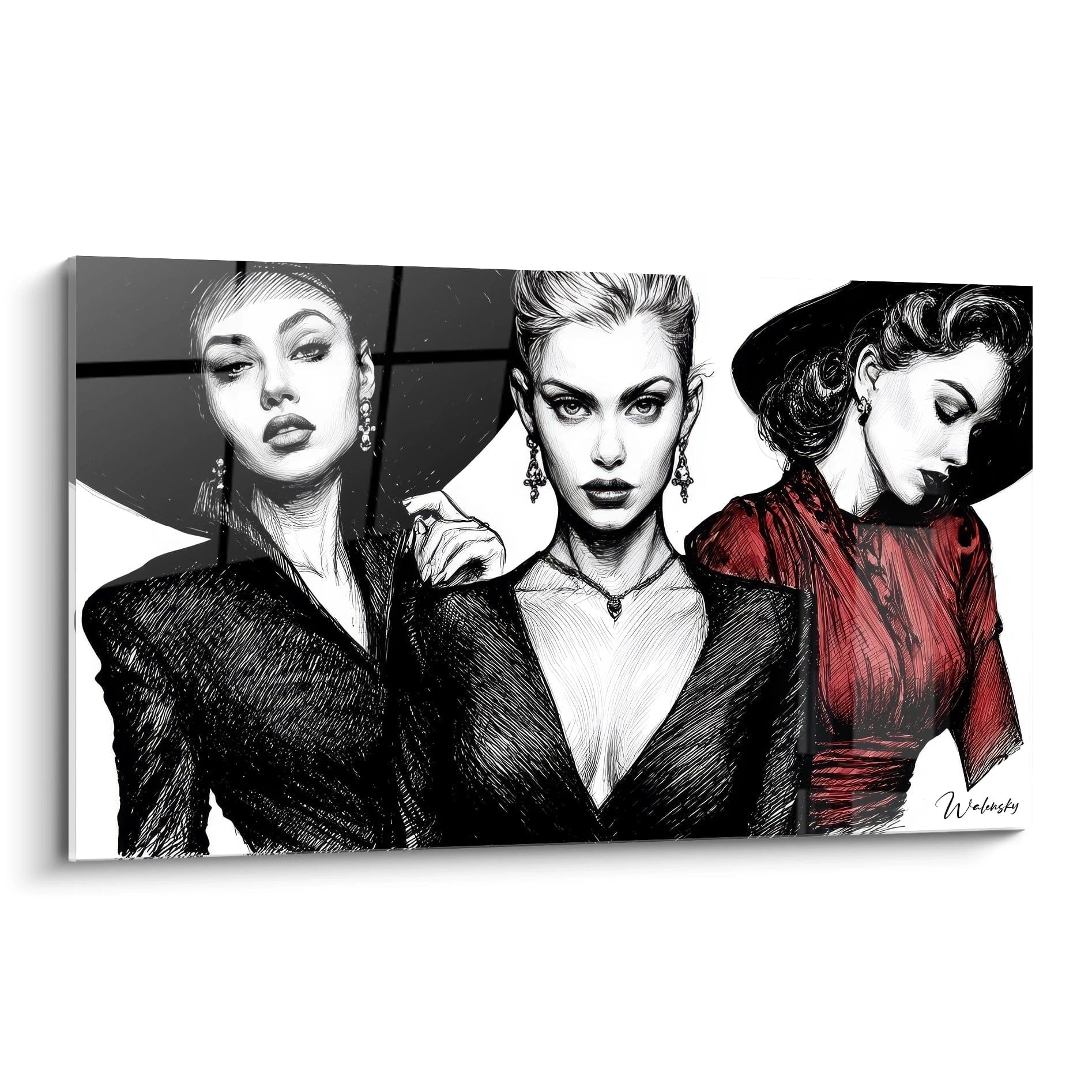 Tableau illustration de mode vintage représentant des femmes élégantes en noir et blanc avec des accessoires chics