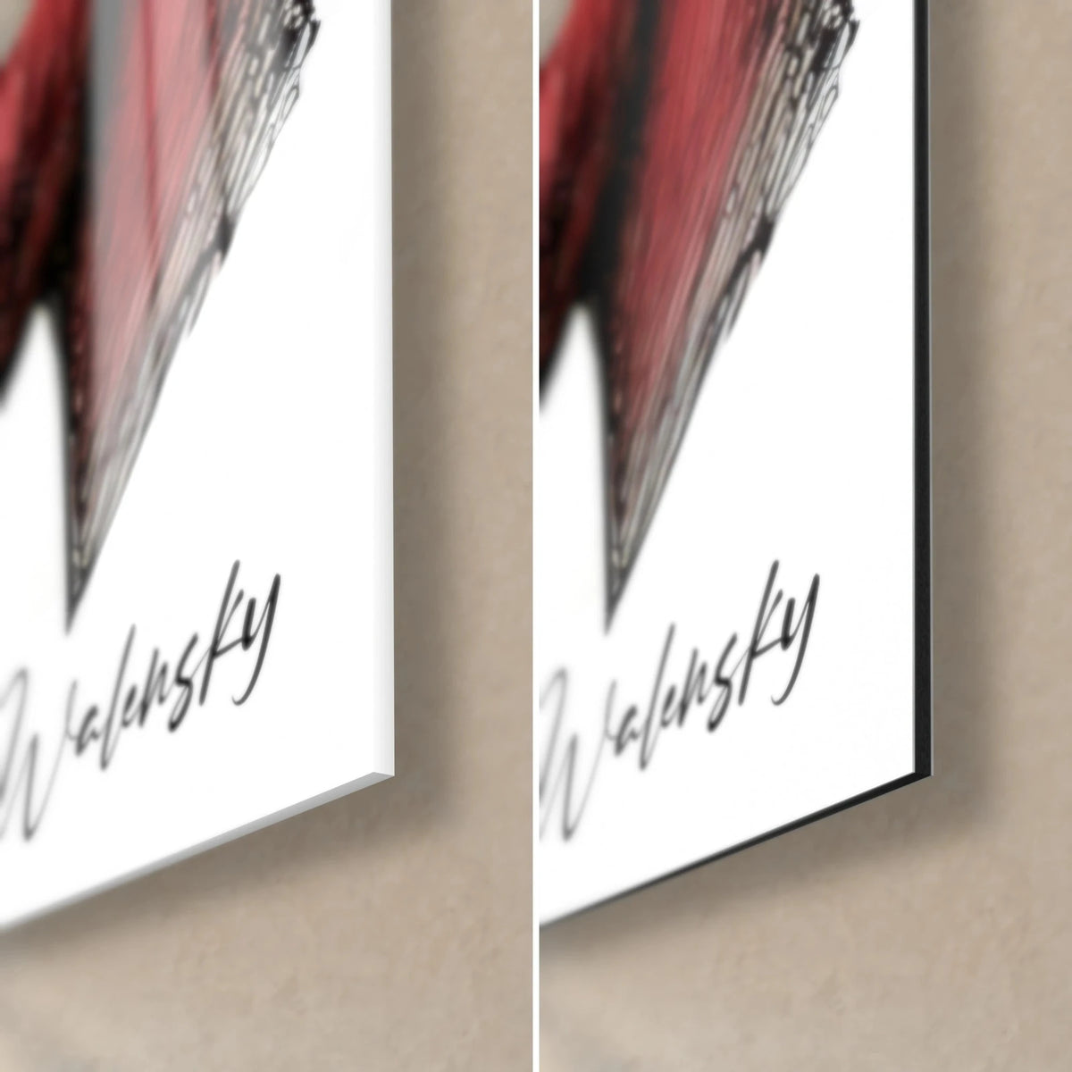 Schilderij inkt modeportretten, zwarte Walensky-handtekening, glanzende glazen hoek linksonder, mat Dibond rechts, zwarte rand