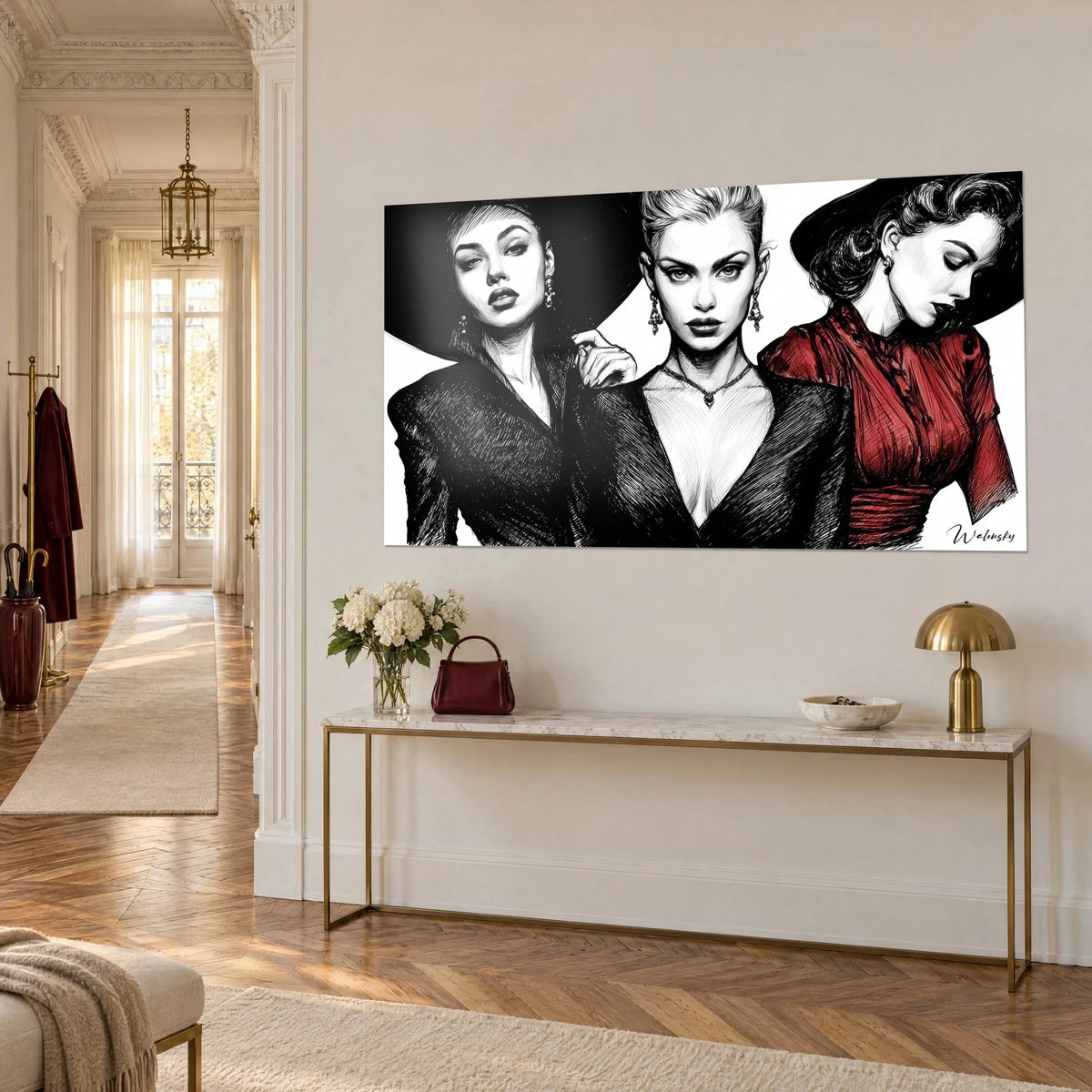 Schilderij trio elegante vrouwen in inktlijntekening, hangende oorbellen, donkerrode blouse, aan een beige muur naast een vergulde console