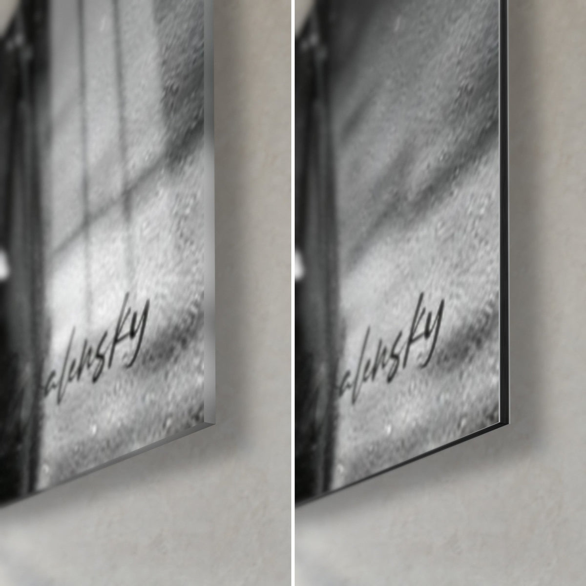 Gemälde eines bärtigen Reisenden, untere rechte Ecke: glänzendes Acrylglas links, matt schwarzes und graues Aludibond rechts, 3 mm Kante