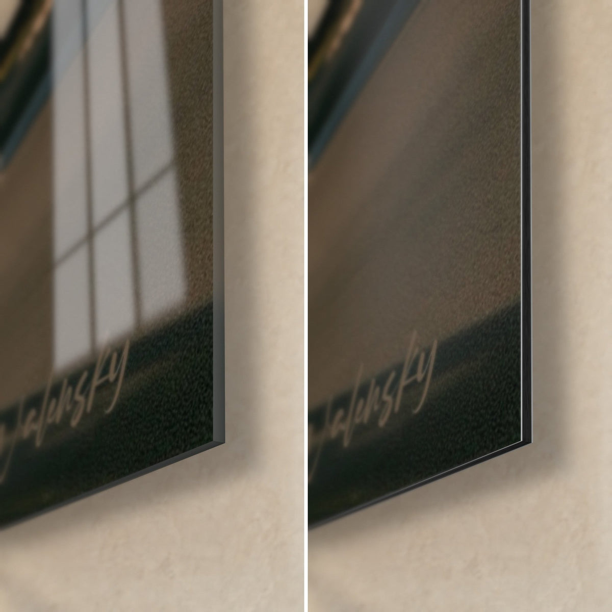 Wall art of a green car with white tires, bottom right corner: glossy acrylic glass with reflections on the left, matte black Dibond on the right
