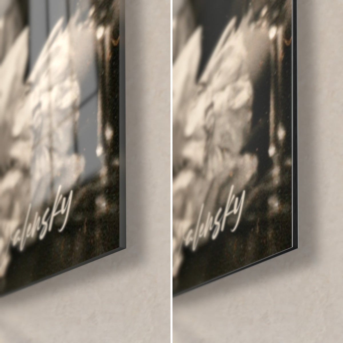 Wall art woman in a white shirt against a sepia bar background, bottom right corner: glossy acrylic glass on the left, matte Dibond on the right