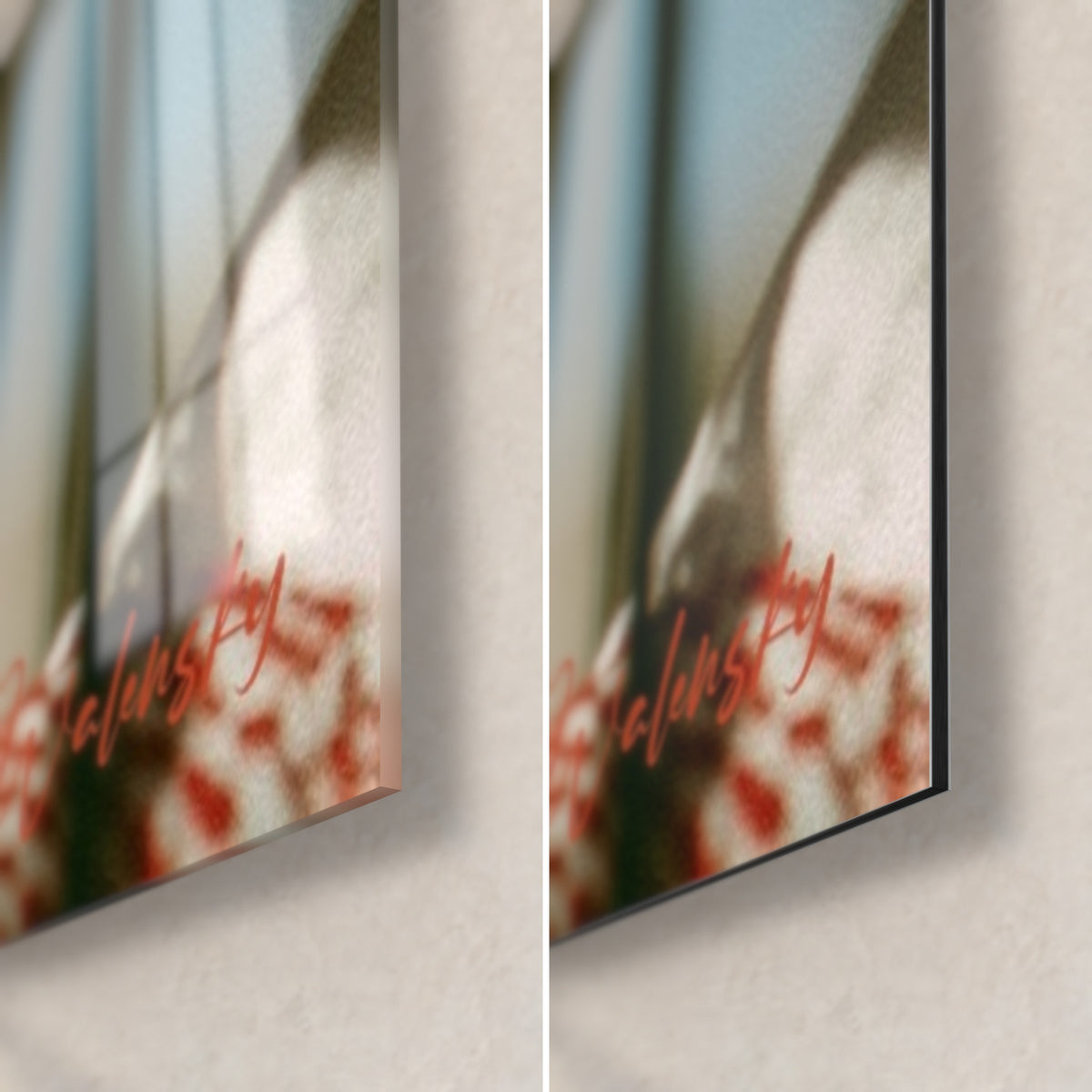 Tableau blonde à lunettes teintées rouges, coin bas droit : verre acrylique brillant à gauche, Dibond mat à droite, tranche de 3 mm