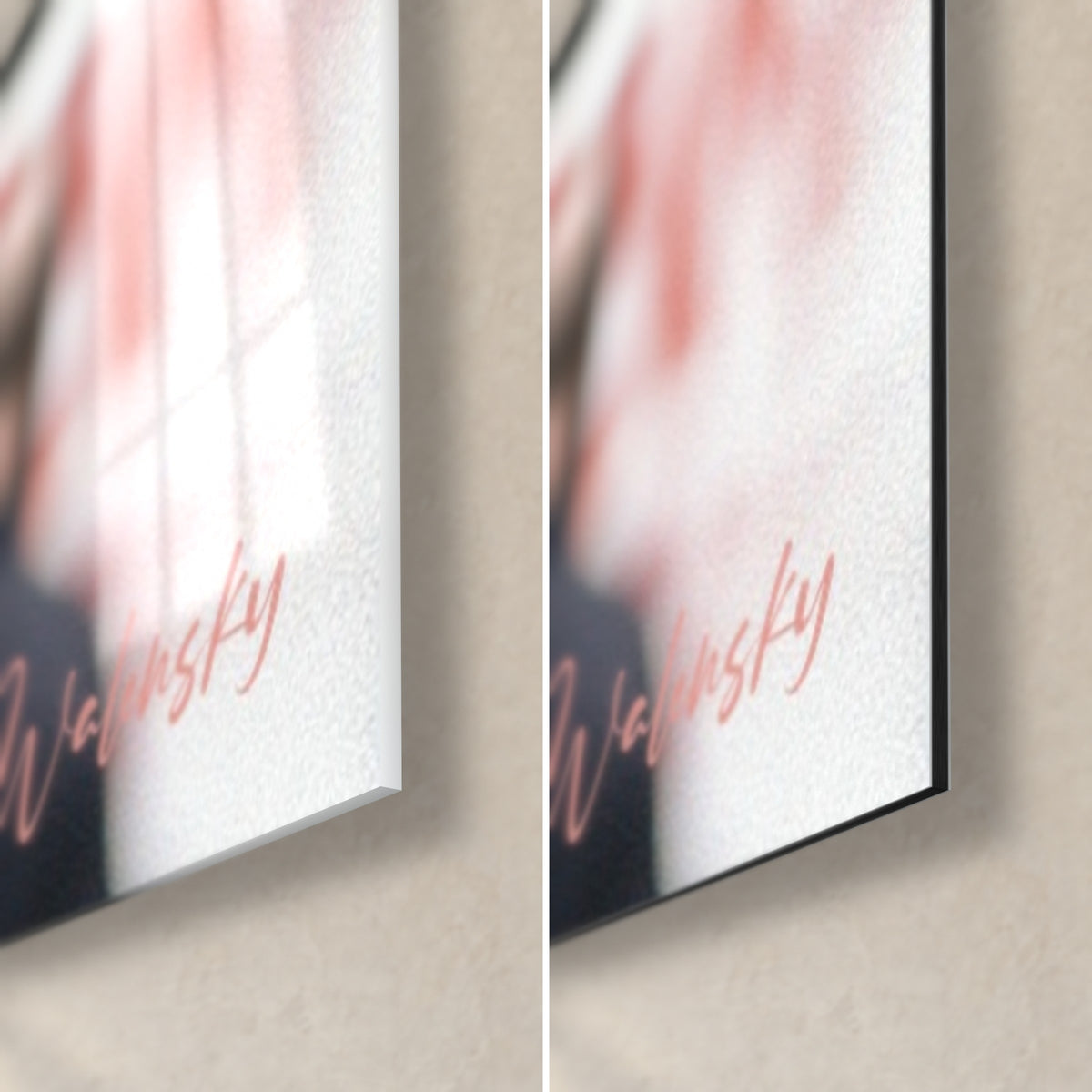 Wall art portrait of three brunettes in the city, bottom right corner: glossy acrylic glass on the left, matte black Dibond on the right, 3 mm edge