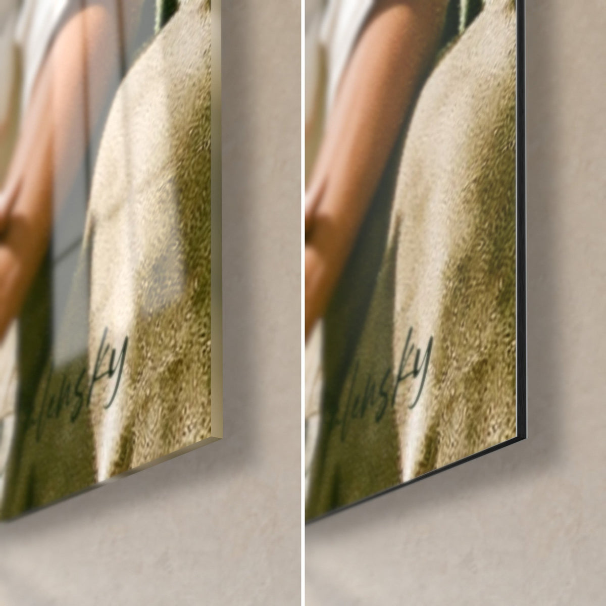 Tableau amoureux sur clôture blanche, coin bas droit : signature Walensky vert sombre, verre brillant, Dibond mat noir de 3 mm
