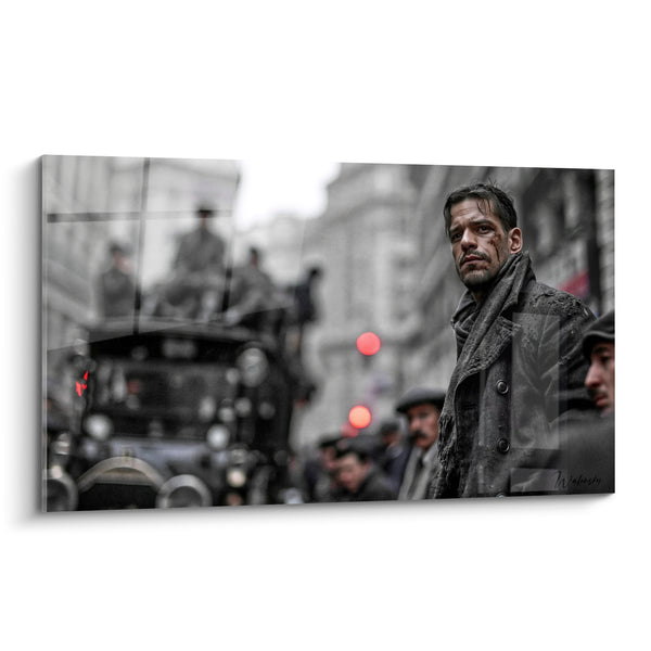 Tableau Homme noir et gris scène urbaine - Regard figé dans la foule - Edition Vintage