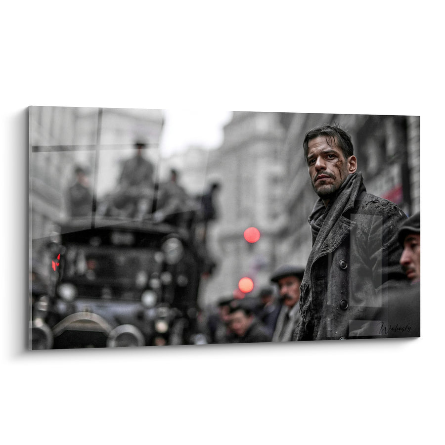 Tableau Homme noir et gris scène urbaine - Regard figé dans la foule - Edition Vintage