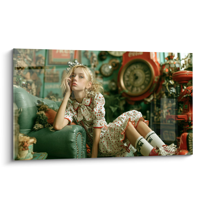 Tableau Jeune fille robe fraise fauteuil vert - Rêverie d'un autre temps - Edition Vintage