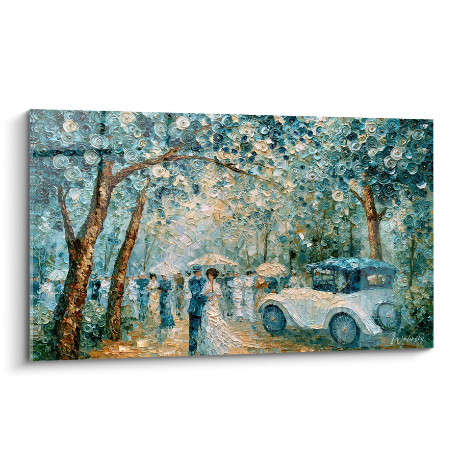 Tableau Automobile ancienne bleu sarcelle et blanc sous les arbres - Promenade nuptiale - Edition Vintage