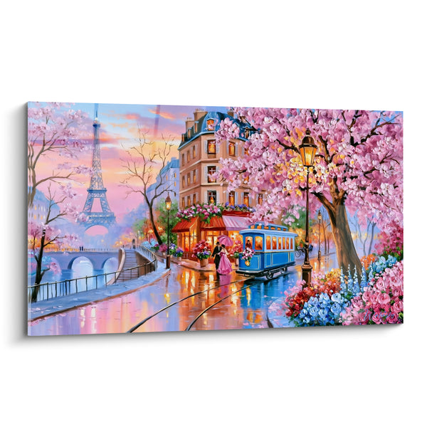 Tableau Paris tramway bleu et cerisiers roses - Romance parisienne - Edition Vintage