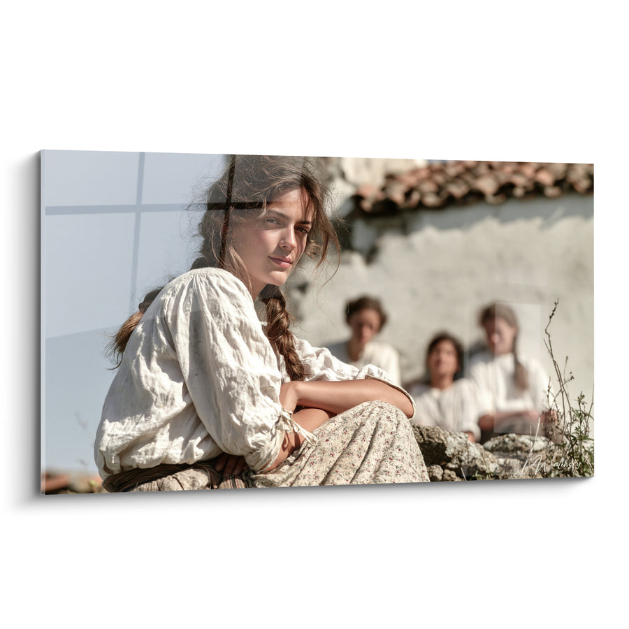 Tableau Jeune paysanne blanche et beige tressée - Pause au village - Edition Vintage